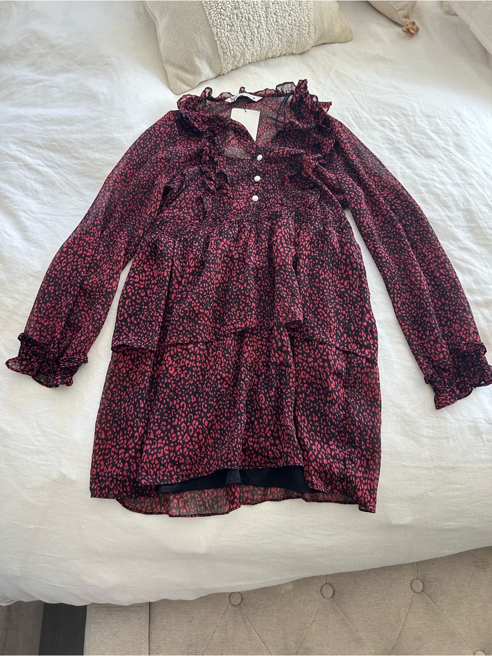 ** New with TagRuffled Tiered Long Sleeve Mini Dress - Black & Deep Pink Leopard